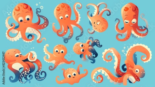 Animal with tentacles clipart. Underwater kraken monster in blue and orange. Invertebrate friendly ocean creature game asset collection.