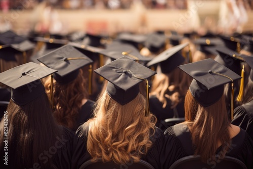 Back view of a group of graduates at the university graduation ceremony, Backside of graduation hats during the commencement success, AI Generated