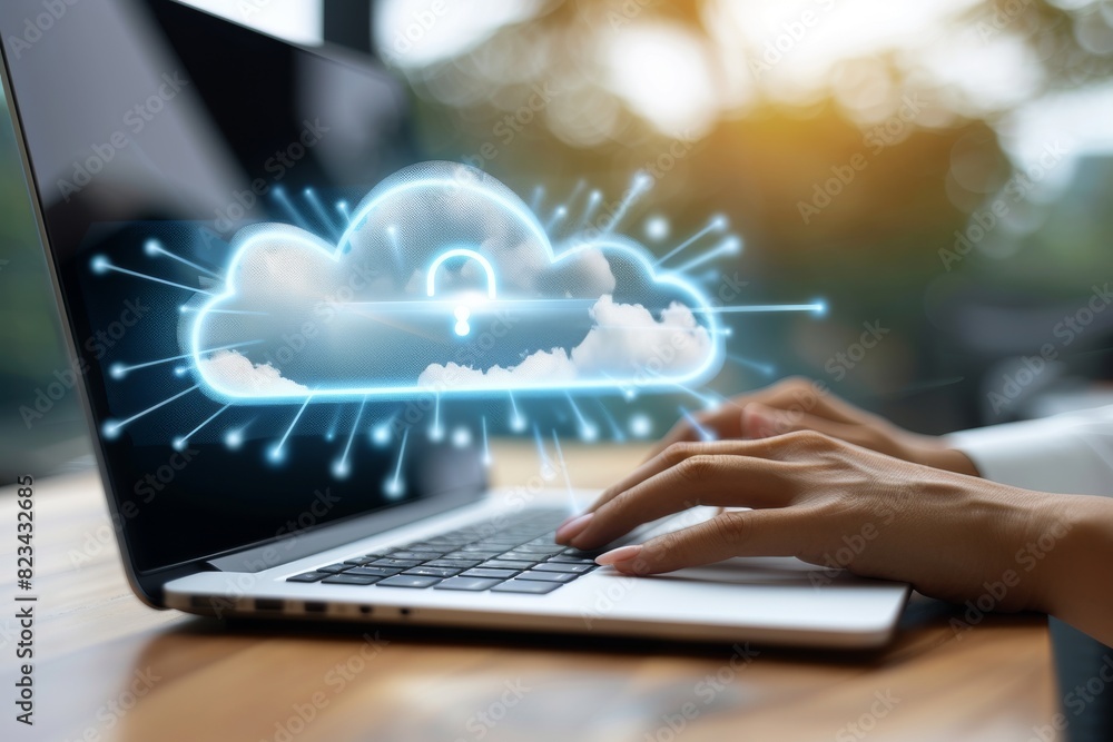 Hand interacting with a glowing cloud padlock on a laptop, representing secure cloud storage and data protection. Hand interacting with a glowing cloud padlock on a laptop, representing secure cloud storage and data protection.