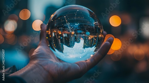 A persons hand holding a crystal ball, reflecting light, with a blurred background. photo