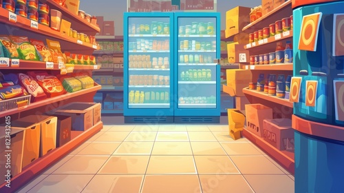 Food supermarket interior cartoon. Supermarket department displays gastronomy products on shelves and freezers with gastronomy discount signboards. photo
