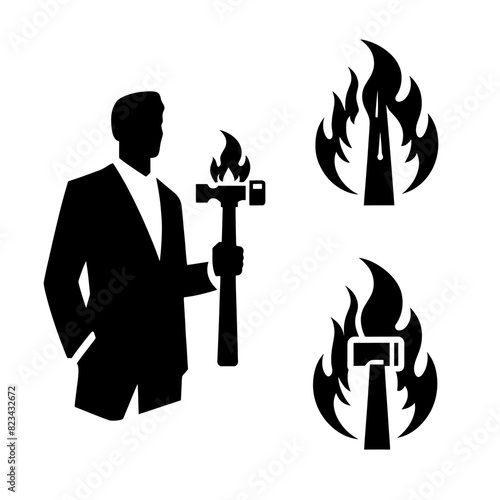 silhouette illustration hammer on fire vector