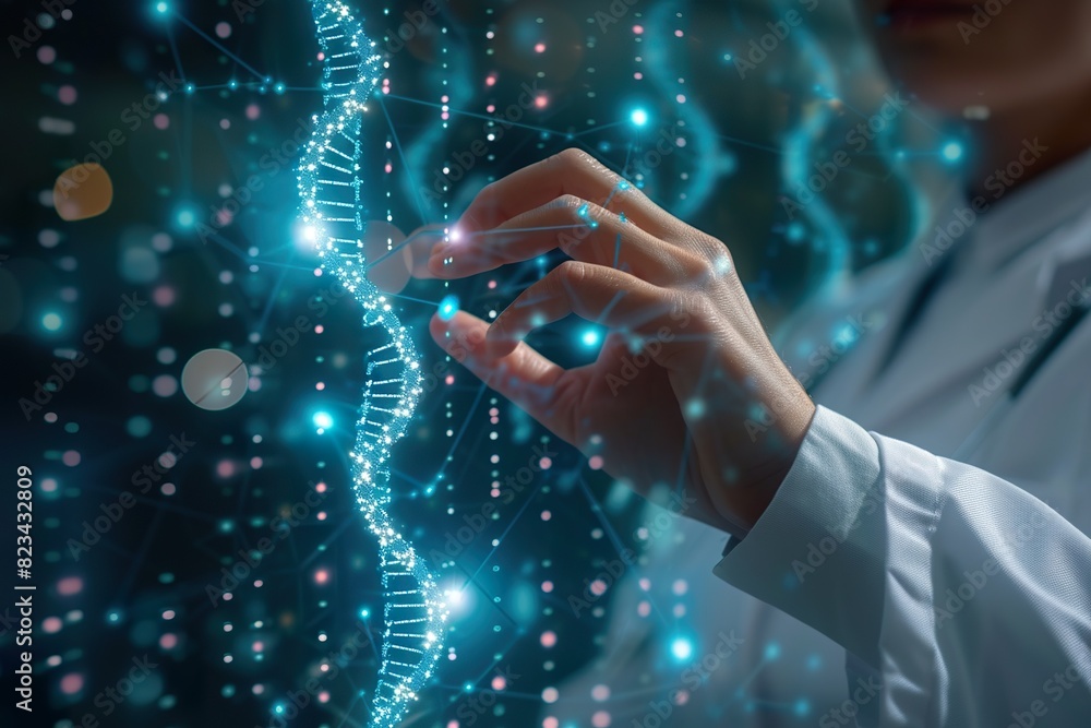View of a Doctor touching DNA structure View of a Doctor touching DNA structure