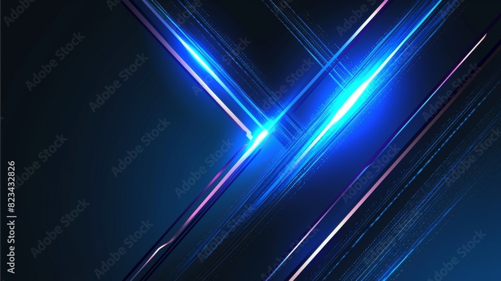 Luminous digital lines show direction on a black backdrop with a laser geometric shape on a blue neon glow background. Realistic 3D modern illustration. Luminous digital lines show direction on a black backdrop with a laser geometric shape on a blue neon glow background. Realistic 3D modern illustration.