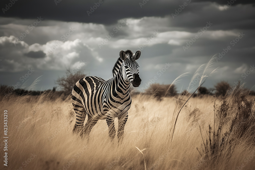 Naklejka premium A zebra stands in golden grass under a cloudy sky, embodying tranquility and the beauty of the natural world