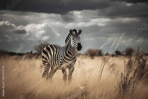 A zebra stands in golden grass under a cloudy sky  embodying tranquility and the beauty of the natural world