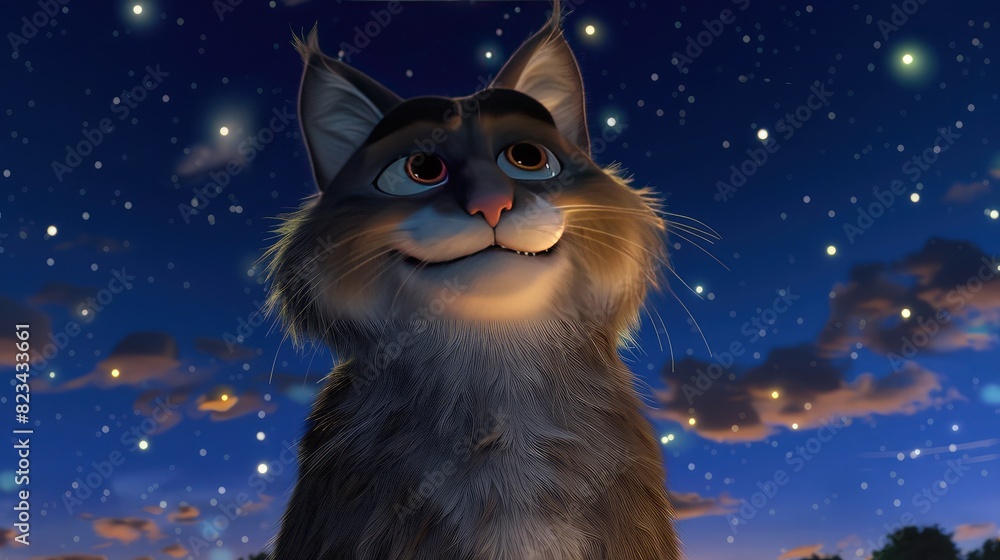 A fluffy cat carton with cute smile and big open eyes beautiful cute cat on fairy tale full glowing stars background A fluffy cat carton with cute smile and big open eyes beautiful cute cat on fairy tale full glowing stars background