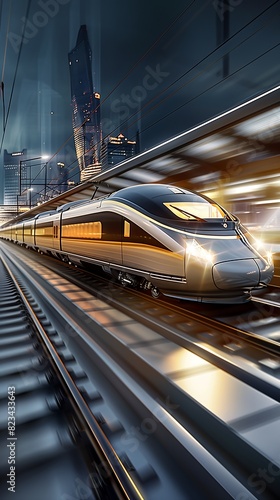 High-Speed Train Racing Through a Modern Cityscape at Dusk with Blurred Motion Effect