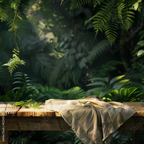 Natural Wooden Table Displaying Organic Cloth and Tropical Fern Plant in a Summer Mockup Design