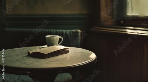 Vintage cup and book on a wooden table for minimalist and cozy interior design
