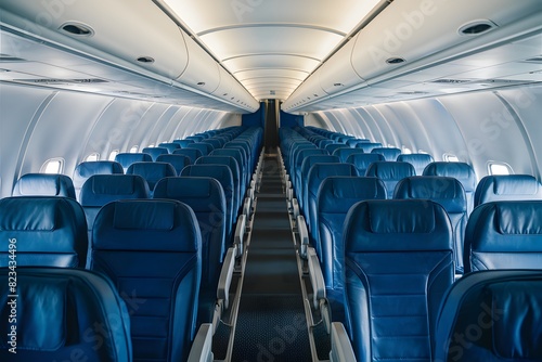 Comfortable blue seats in orderly rows, ready for a smooth journey ahead