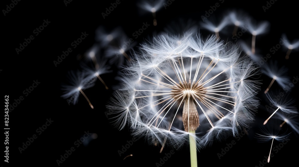 Fototapeta premium Close-up of a dandelion seed head with seeds blowing in the wind against a black background.