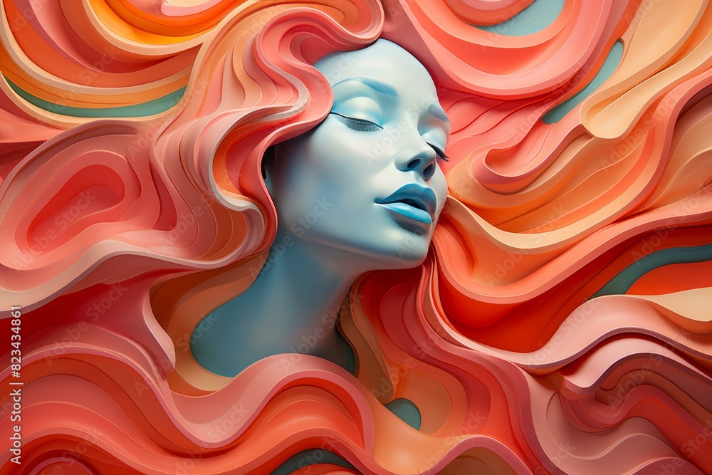 Artistic representation of a woman with vibrant, wave-like hair in a surreal style