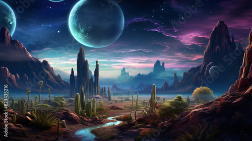 Fantasy landscape of planets stars on a desert