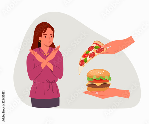 Young woman showing a negative gesture and stop to the fast food. Pizza on hand. Vector cartoon flat style illustration