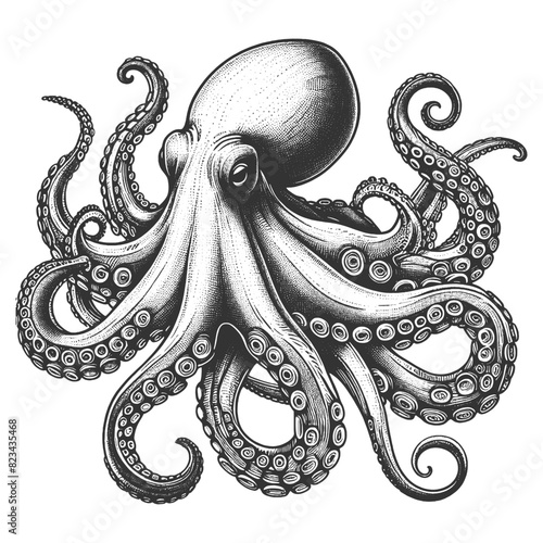 octopus sea animal food with swirling tentacles and suction cups, in a classic engraving style sketch engraving generative ai vector illustration. Scratch board imitation. Black and white image.