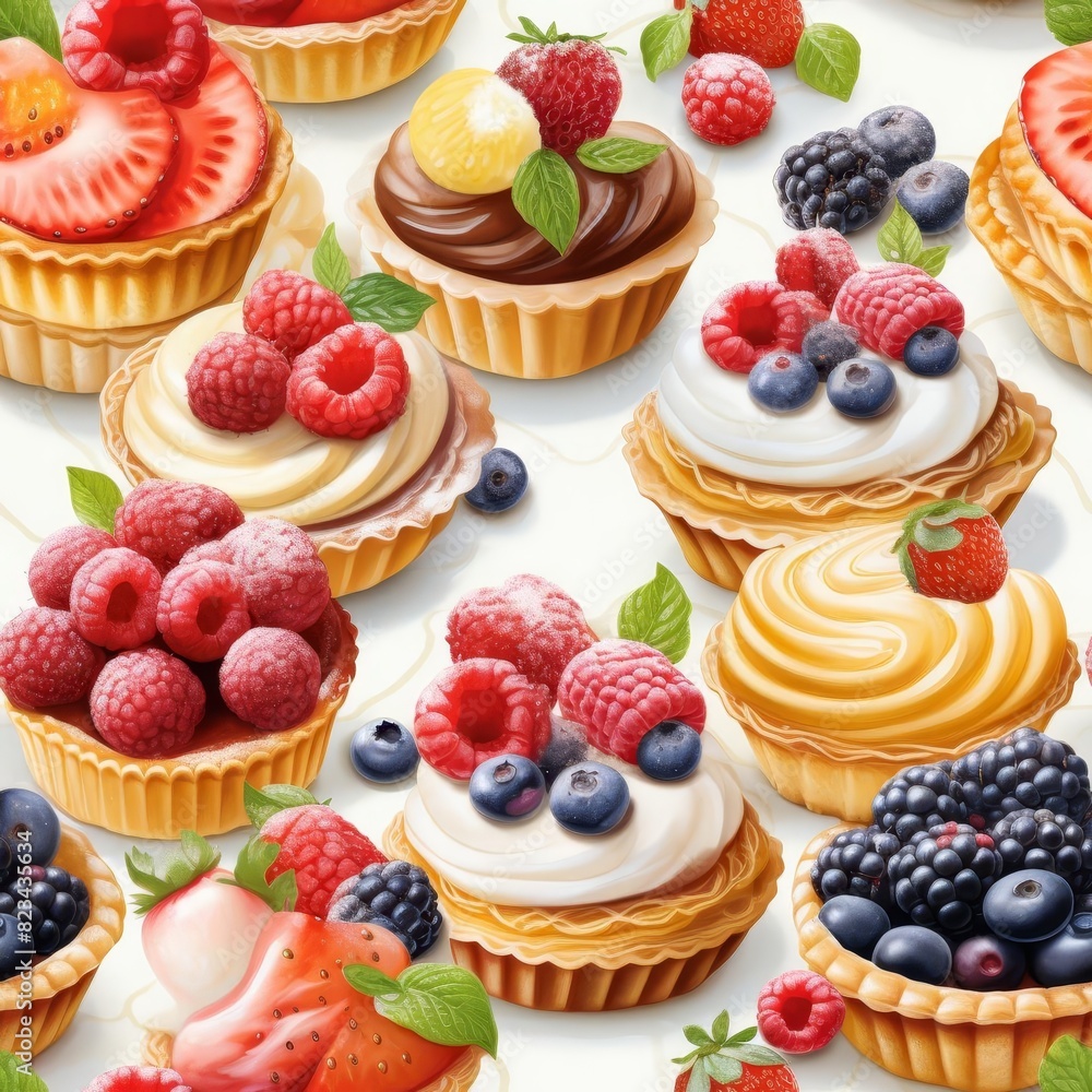 Assorted fruit tarts with strawberries, raspberries, blueberries, and cream, arranged on a white background. Assorted fruit tarts with strawberries, raspberries, blueberries, and cream, arranged on a white background.
