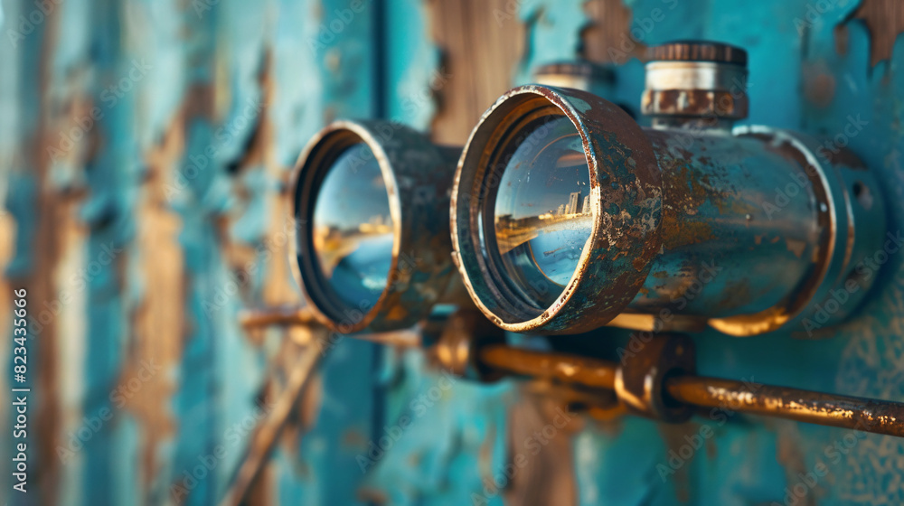 Rusty binoculars on blue background. Close-up of weathered binoculars with a city reflection, against a vibrant blue backdrop, evoking a sense of nostalgia and adventure.