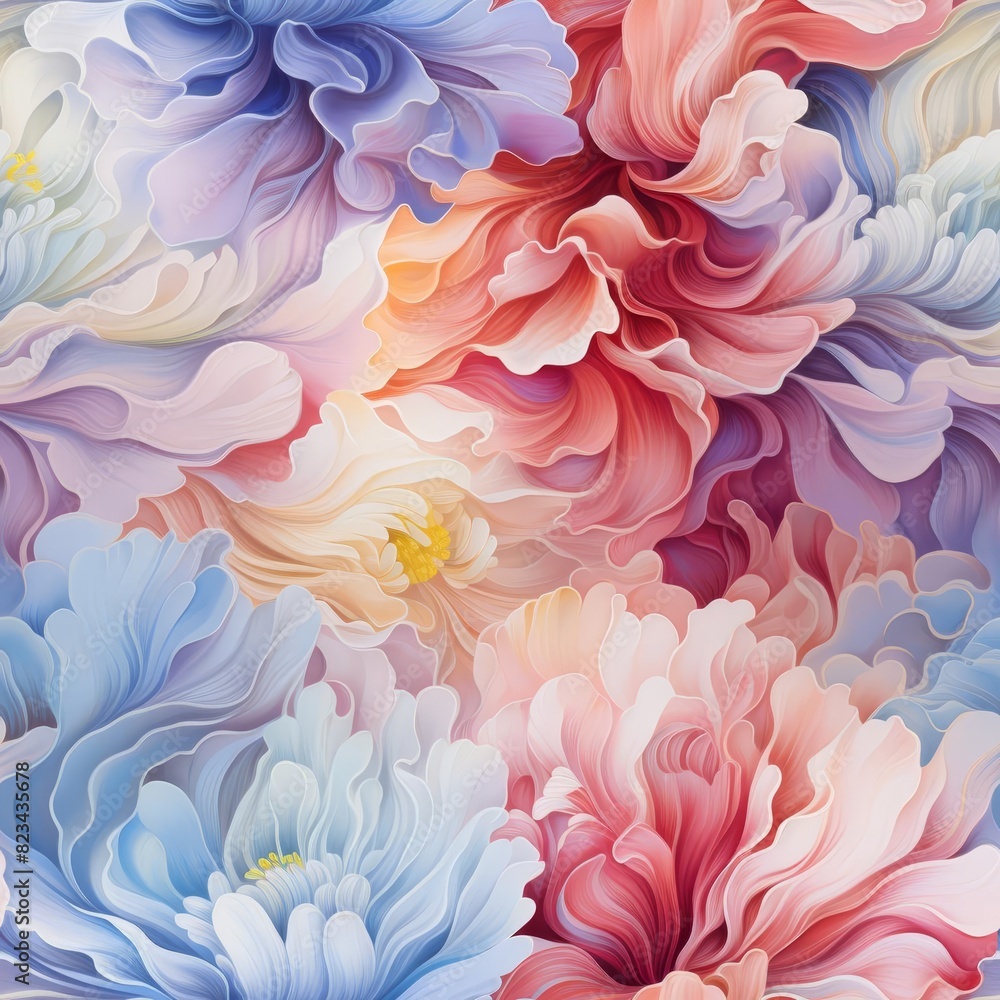 Beautiful abstract floral pattern with vibrant colors, featuring delicate and flowing petals. Perfect for backgrounds or design elements.