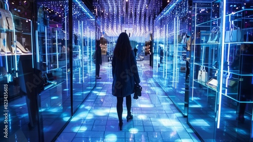 A woman is walking down a long hallway illuminated by blue lights.