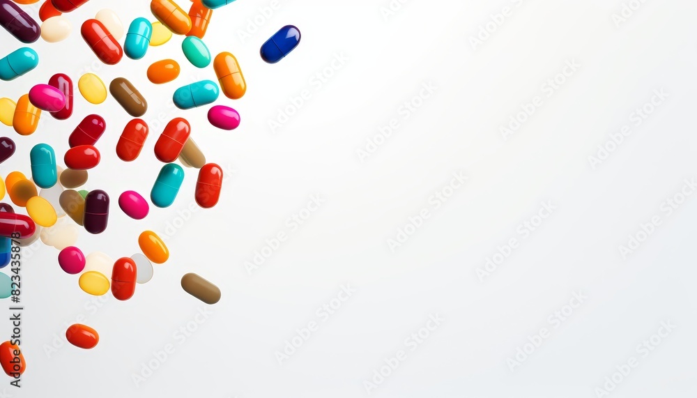 Colorful pills and capsules scattered on a white background, representing medication, health, and supplements. Colorful pills and capsules scattered on a white background, representing medication, health, and supplements.