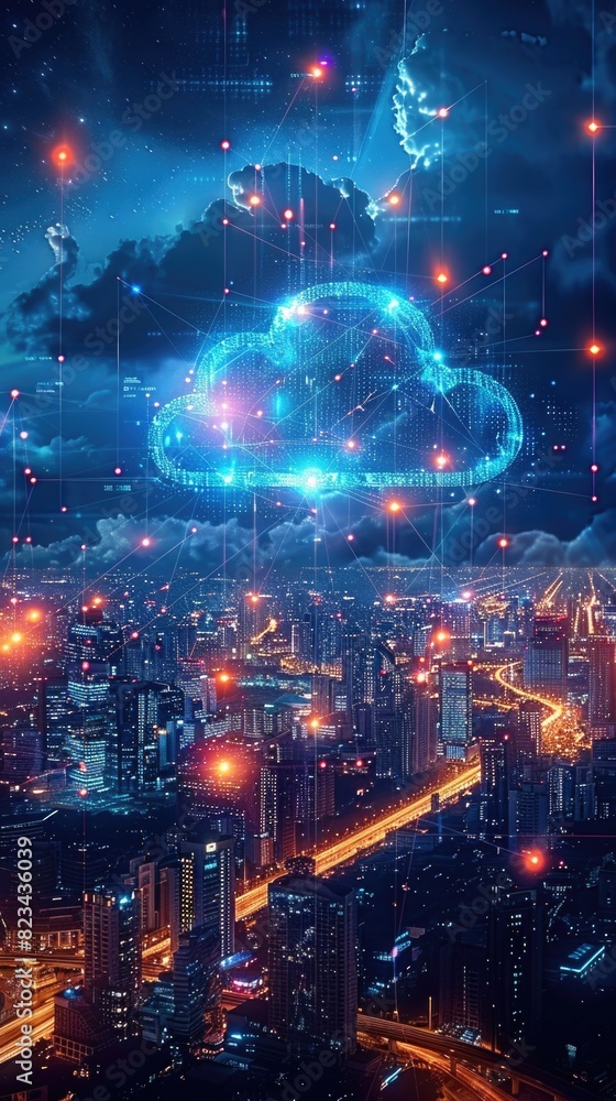 Obraz premium 5G wireless network high speed internet clouds connection clouds data transfer bright city background