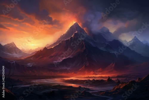 Breathtaking digital artwork of a volcanic landscape illuminated by the warm glow of a sunrise #823436044