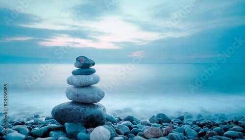 Balanced stones on a pebble beach during sunset with the calm sea waters