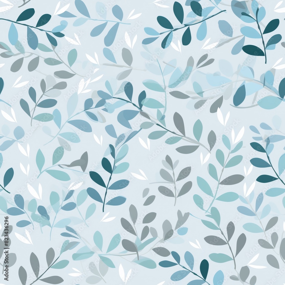 The image is a seamless pattern of blue and gray leaves on a white background