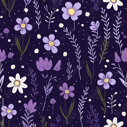 Wallpaper Mural Small cute flowers and plants on a purple background. The seamless pattern for fabric, wrapping paper, and wallpaper. Torontodigital.ca