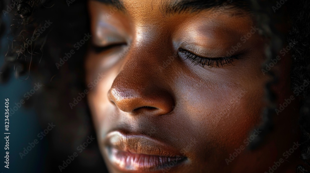 A close-up of a person's face, eyes closed, with a peaceful expression, representing the moment of spiritual awakening. A close-up of a person's face, eyes closed, with a peaceful expression, representing the moment of spiritual awakening.