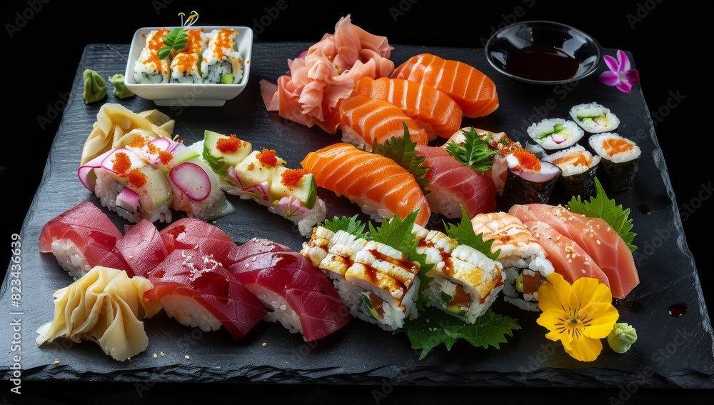 Dish with rolls and sushi. Asian cuisine. Photo of food. Dish with rolls and sushi. Asian cuisine. Photo of food.