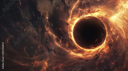 A dramatic image of a black hole, showing its powerful gravitational pull distorting the space around it. photo