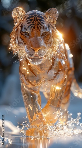 3D super cute running tiger made of clear diamonds, shiny translucent, simple bright clear background with diamond texture, light reflection effect, high resolution, detailed texture, sparkling effect © Da