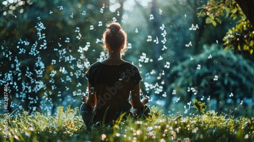 A person meditating in nature, surrounded by floating musical notes, illustrating clairaudience, the ability to hear messages from the spiritual realm. photo