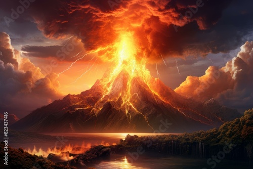 Awe-inspiring image of a volcanic eruption amidst a fierce lightning storm at dusk