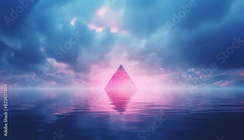 Mystical pyramid with a glowing pink light hovering above calm water, surrounded by ethereal clouds in an otherworldly ambiance.