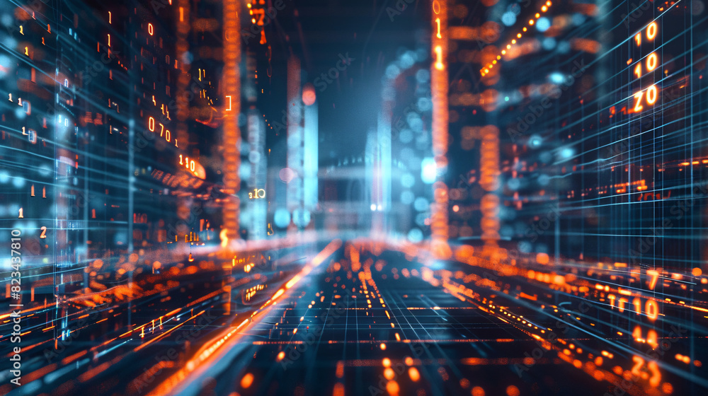 Digital cityscape data flow. Futuristic cityscape with glowing data streams, representing digital information flow in a smart city environment. Digital cityscape data flow. Futuristic cityscape with glowing data streams, representing digital information flow in a smart city environment.