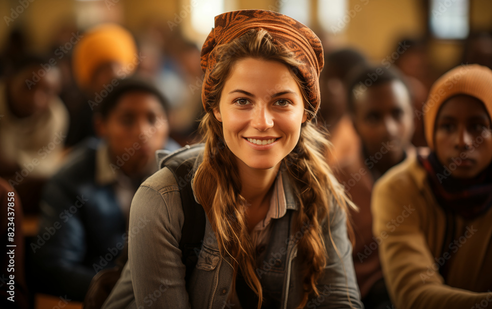 Smiling woman with group of people. Generative AI Smiling woman with group of people. Generative AI