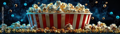 Large striped popcorn bucket filled with fresh popcorn, perfect for movie nights, cinema snacks, or party treats, against a festive background. photo
