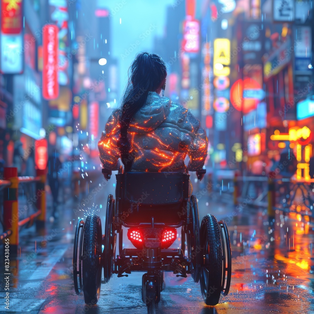 Obraz premium Abstract Cityscape Sets Stage for Futuristic Womans Transformative Wheelchair Race