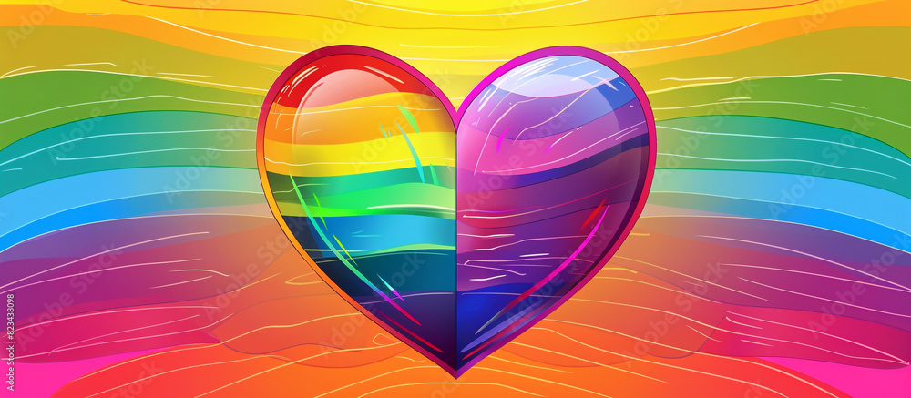 Illustration of a heart in rainbow colors against a wide background of Pride colors. Illustration of a heart in rainbow colors against a wide background of Pride colors.