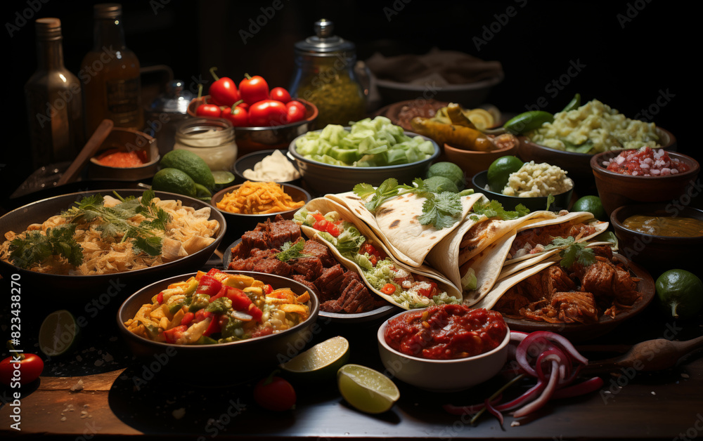 Diverse spread of food on table. Generative AI Diverse spread of food on table. Generative AI