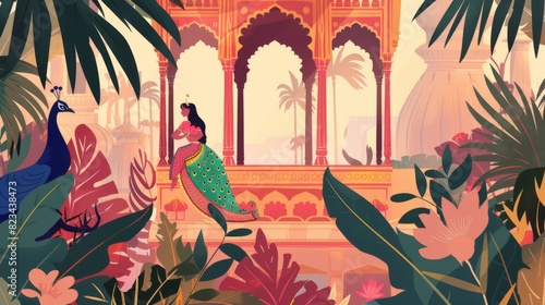 Modern illustration for wallpaper of a Mughal queen sitting in the garden with a temple, arch, peacock, bird, and plant