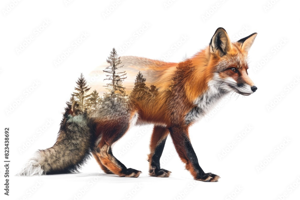 Majestic Fox Silhouette Merged with Forest Landscape Illustration