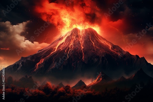 Spectacular volcanic eruption with fiery lava at twilight. Creating a dramatic and powerful natural phenomenon in the sky and landscape photo