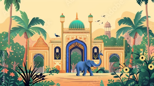 This modern illustration depicts an Islamic Mughal garden with elephants, camel caravans, peacocks, and archways photo