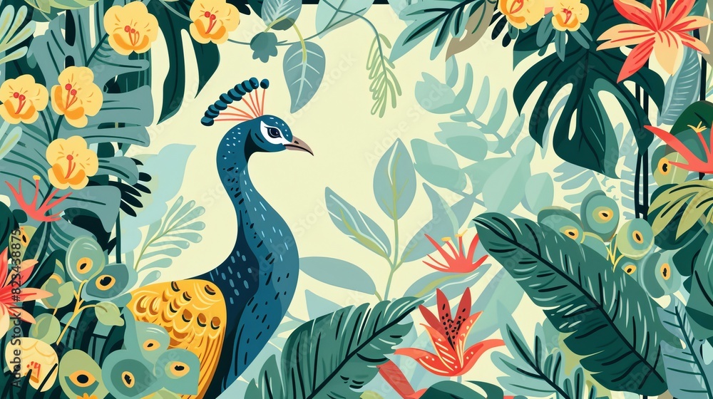 Obraz premium A seamless pattern of a garden arch, a peacock, a plant, and a bird