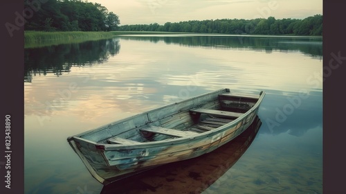 Vintage wooden boat on a calm lake at sunset © Yusif