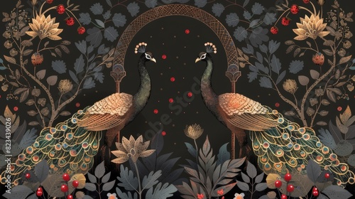 Traditionally designed Mughal garden modern illustration with arch, peacock, and plant.